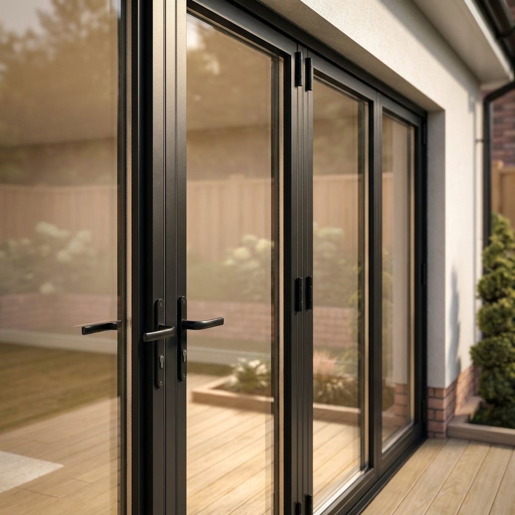 External Folding Patio Door in Matt Black Aluminium with 3+1 Clear Glass - detail view