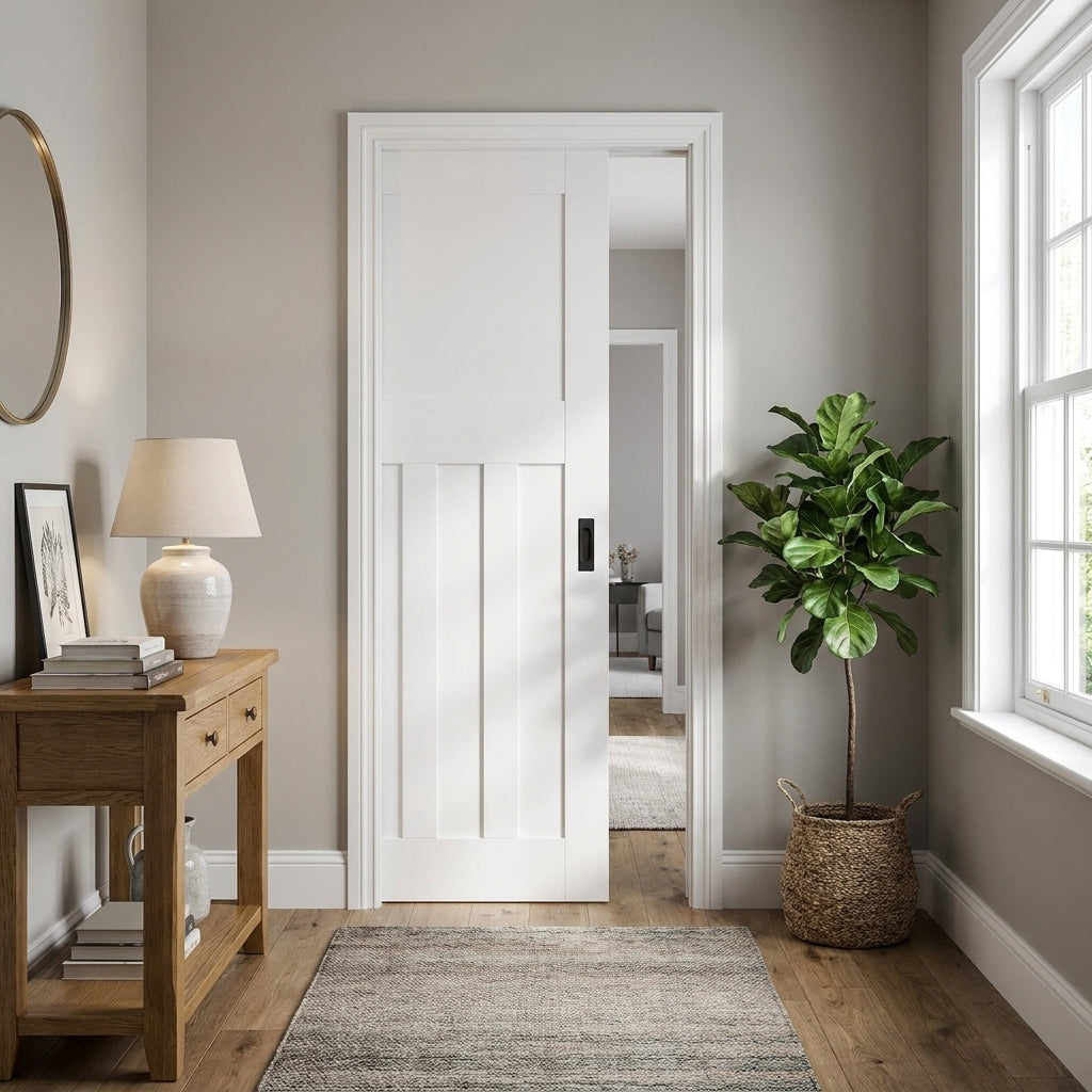 Internal Pocket Door Set, White Primed, 1930's Style, 100mm, Solid Core