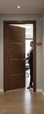Premium Contemporary Flush Internal Fire Door with Walnut Veneer and Aluminium Inlay - 30 Minutes Fire Rated