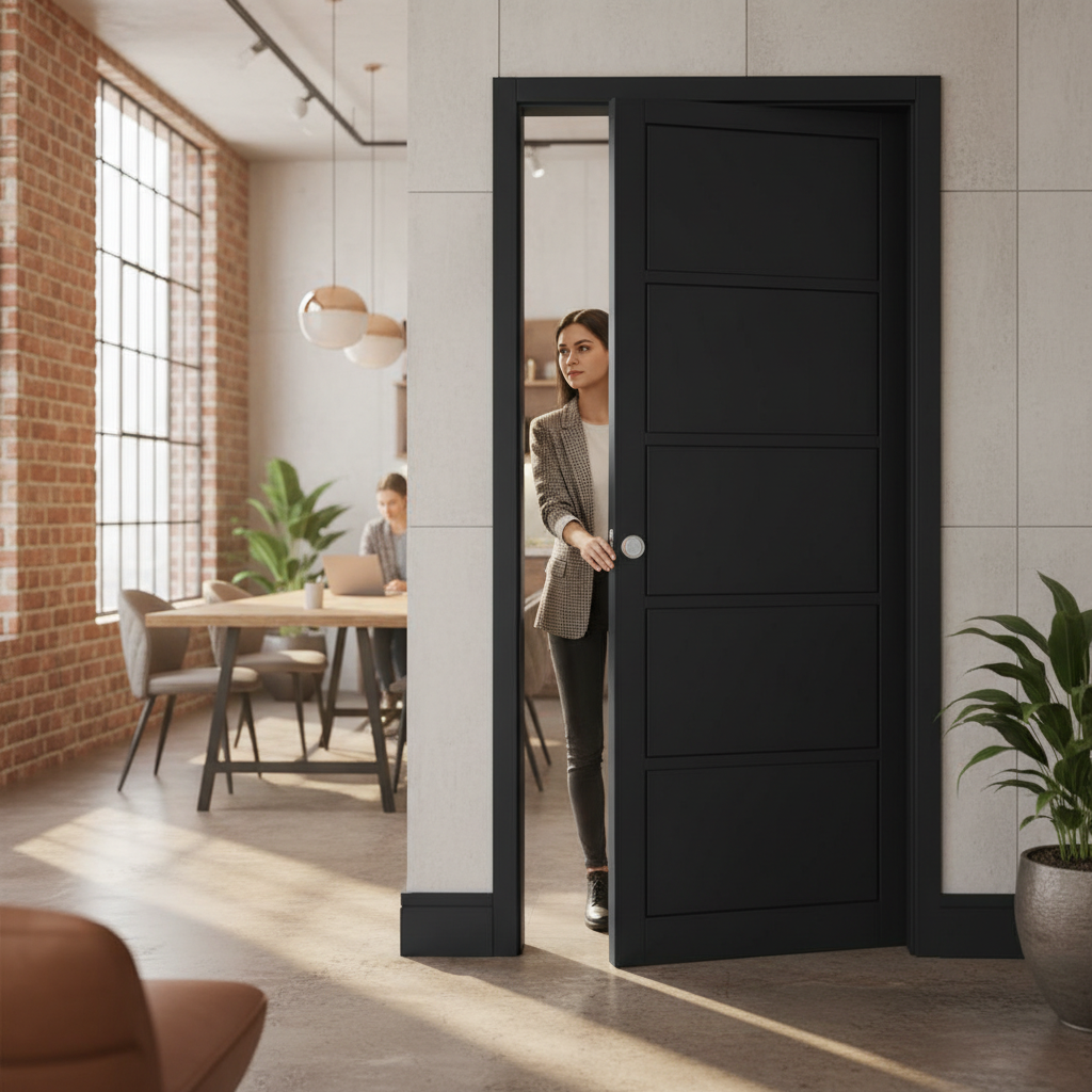 Premium 5-Panel Flush Pocket Door Set - Space-Saving Design with No Architrave Required and Top-Hung Track System