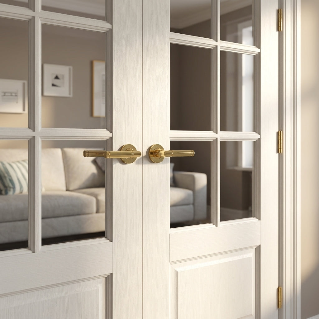 Internal French Door with 10 Light Clear Glass Glazing, White Primed, Solid Core - detail view