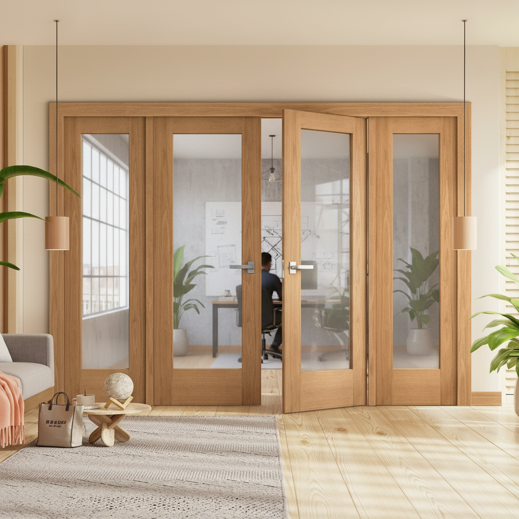 Premium Internal Room Divider Set with Pattern 10 Obscure Glass Panels and Unfinished Oak Doors for Stylish Home Separation