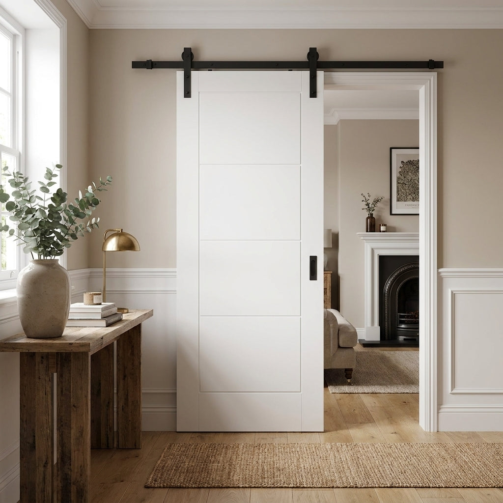 White Internal Sliding Door - Moulded Lifestyle Ladder Design, Black Face Mounted