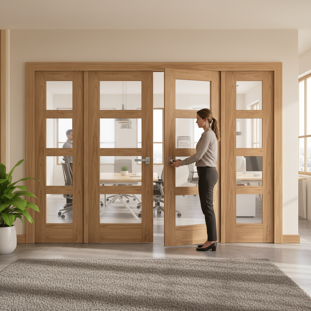 Premium Internal Room Divider Set with 4 Unfinished Oak Shaker Doors and Obscure Glass Panels for Elegant Home Decor