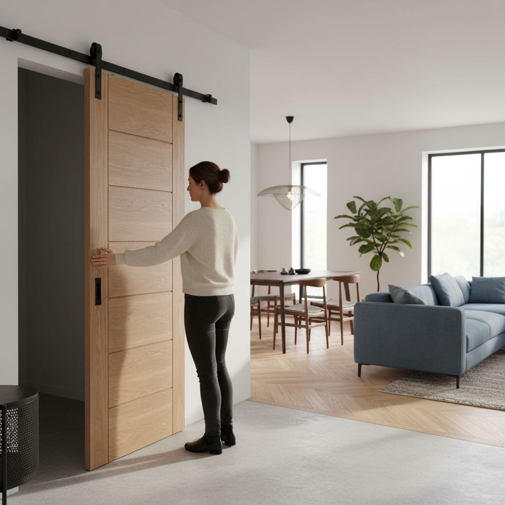Premium Internal Oak Fully Finished Sliding Door Set with Sturdy Engineered Core and Classic Seven-Panel Design for Easy Installation - Image 2