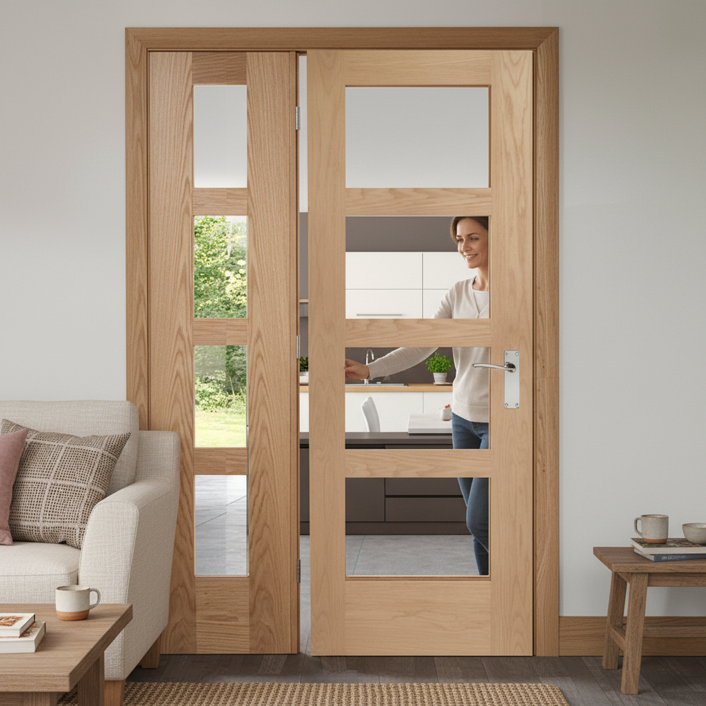 Premium Oak Room Divider with 4 Clear Glass Panels and Matching Demi Panel - Customizable Sizes