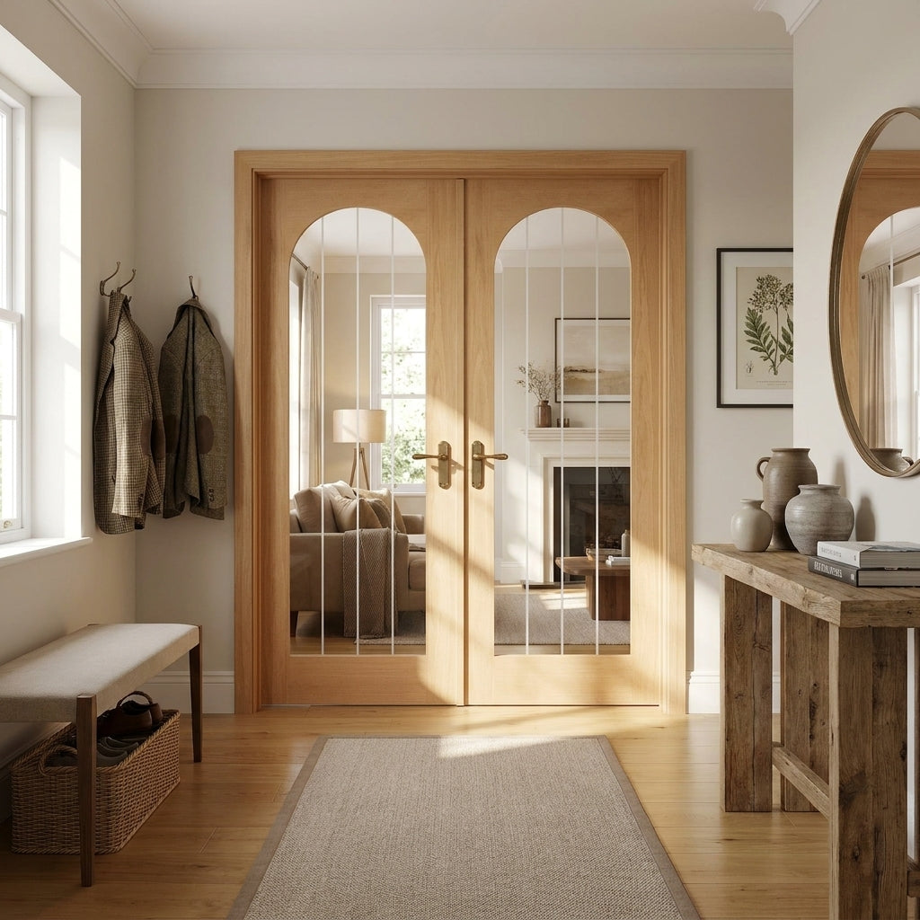 Oak Internal Fully Finished Double Door with 1 Light Obscure Lined Clear Glass