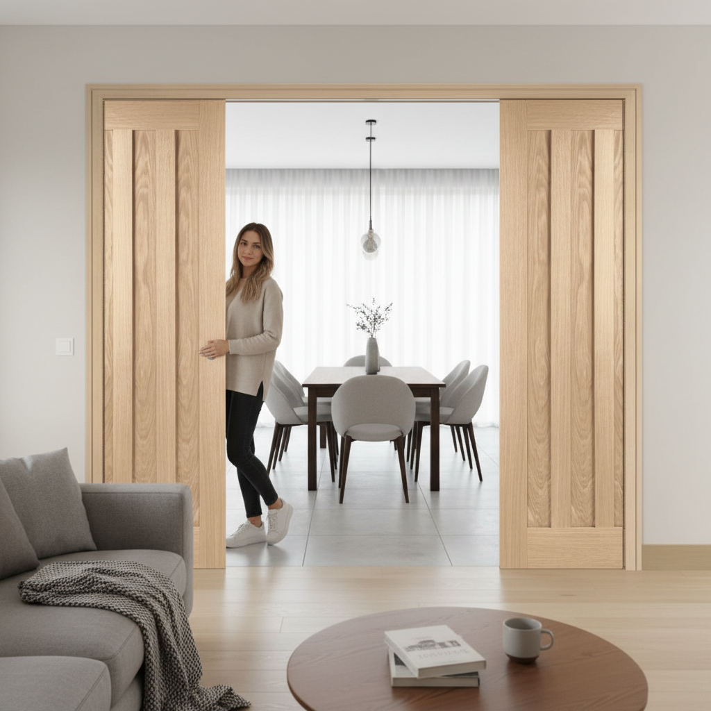 Premium 4 Door Telescopic Pocket Door System with Oak Panels - Space-Saving and Stylish Solution for Modern Homes