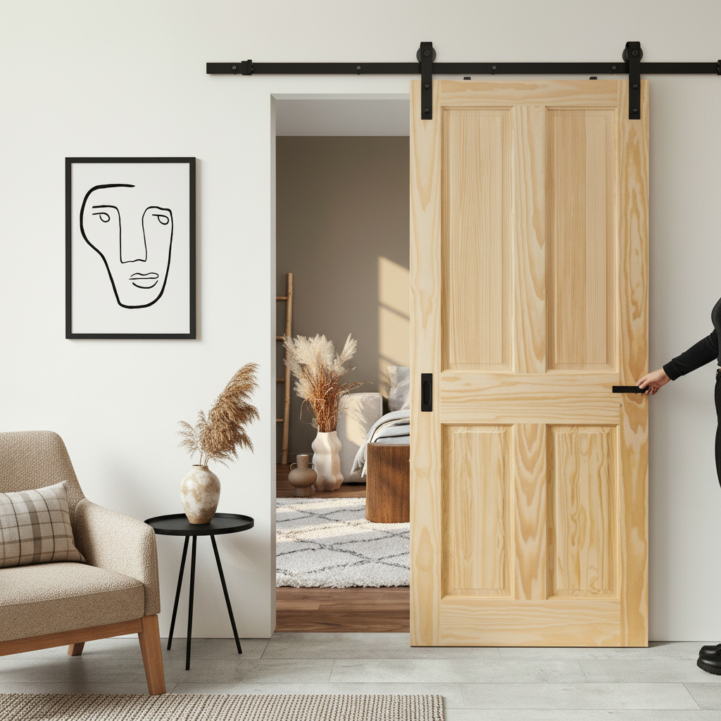 Premium Unfinished Clear Pine Internal 4 Panel Sliding Door Set with Space-Saving Track System for Customizable Home Decor - Image 2