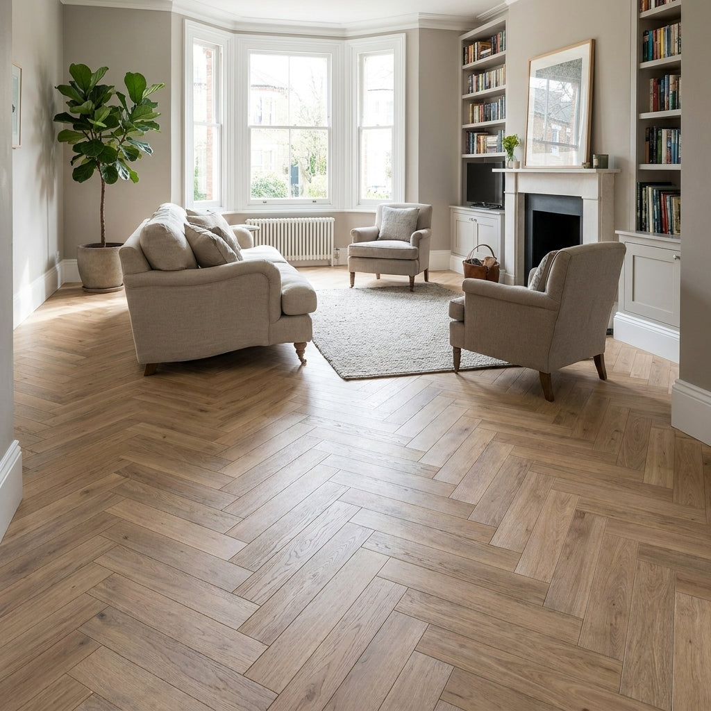 8mm Thick Water-Resistant Oak Herringbone Laminate Flooring, 4V Bevel Edge