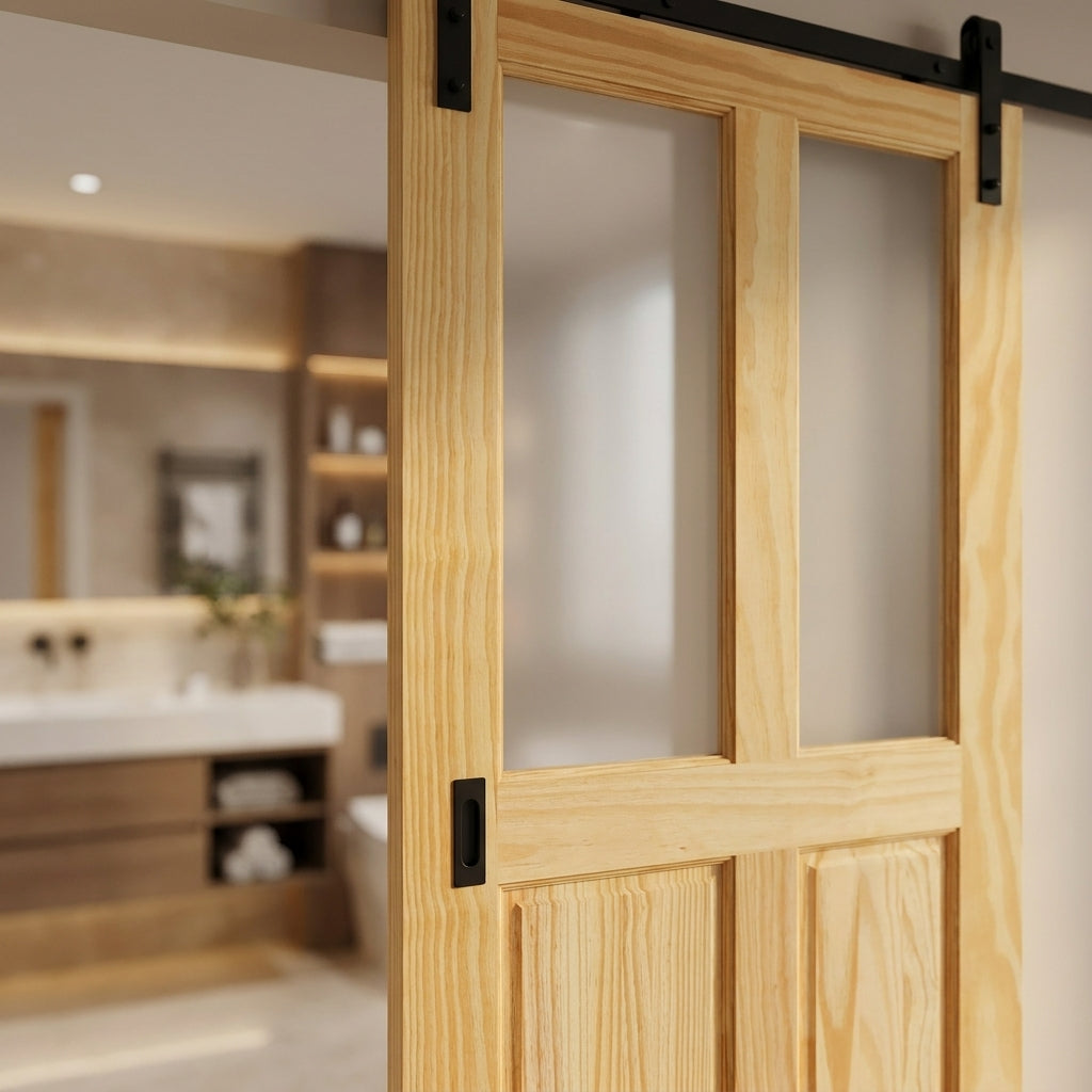 Internal Sliding Door Pine Unfinished 2 Panel 2 Light Obscure Glass - detail view