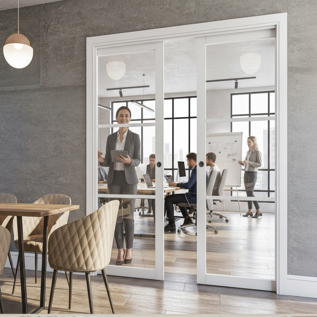 Premium Clear Glazed Double Pocket Door Set with Galvanised Steel Frame, Adjustable Jambs, and Maintenance-Free Track System