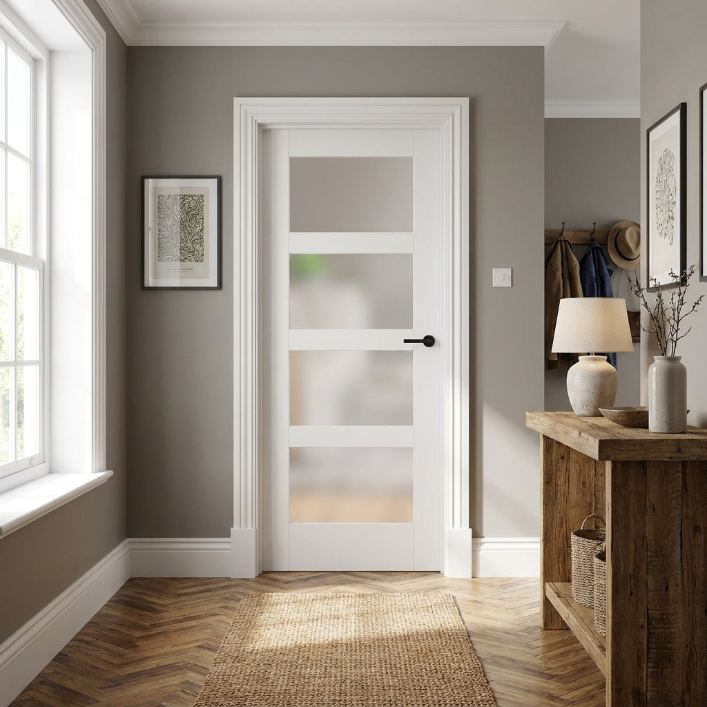 Internal White Shaker Door with 4 Light Obscure Glass and Primed Finish