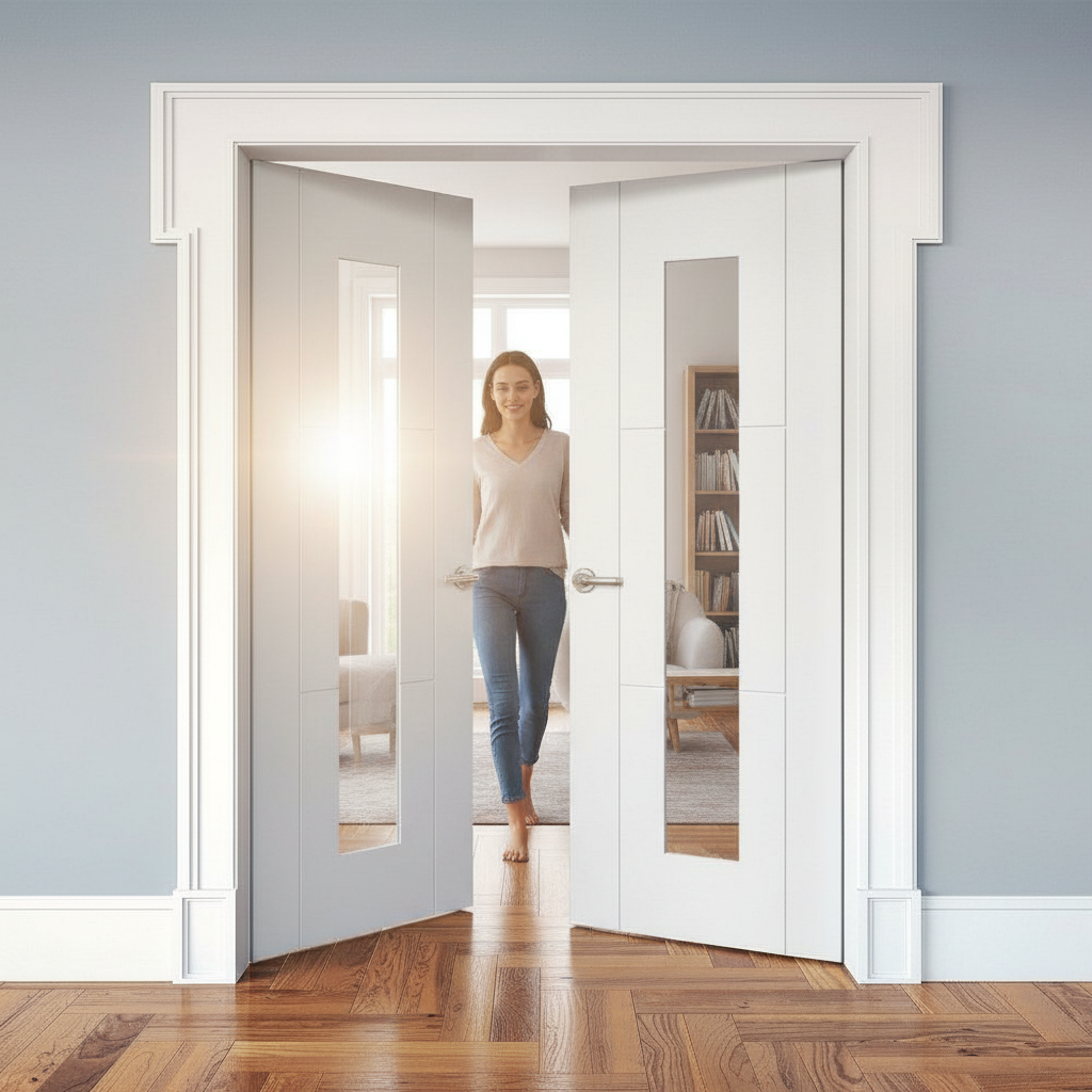 Internal White Primed 3 Panel 1 Light Clear Glass Door Pair - Elegant Design for Modern Interiors - Image 2