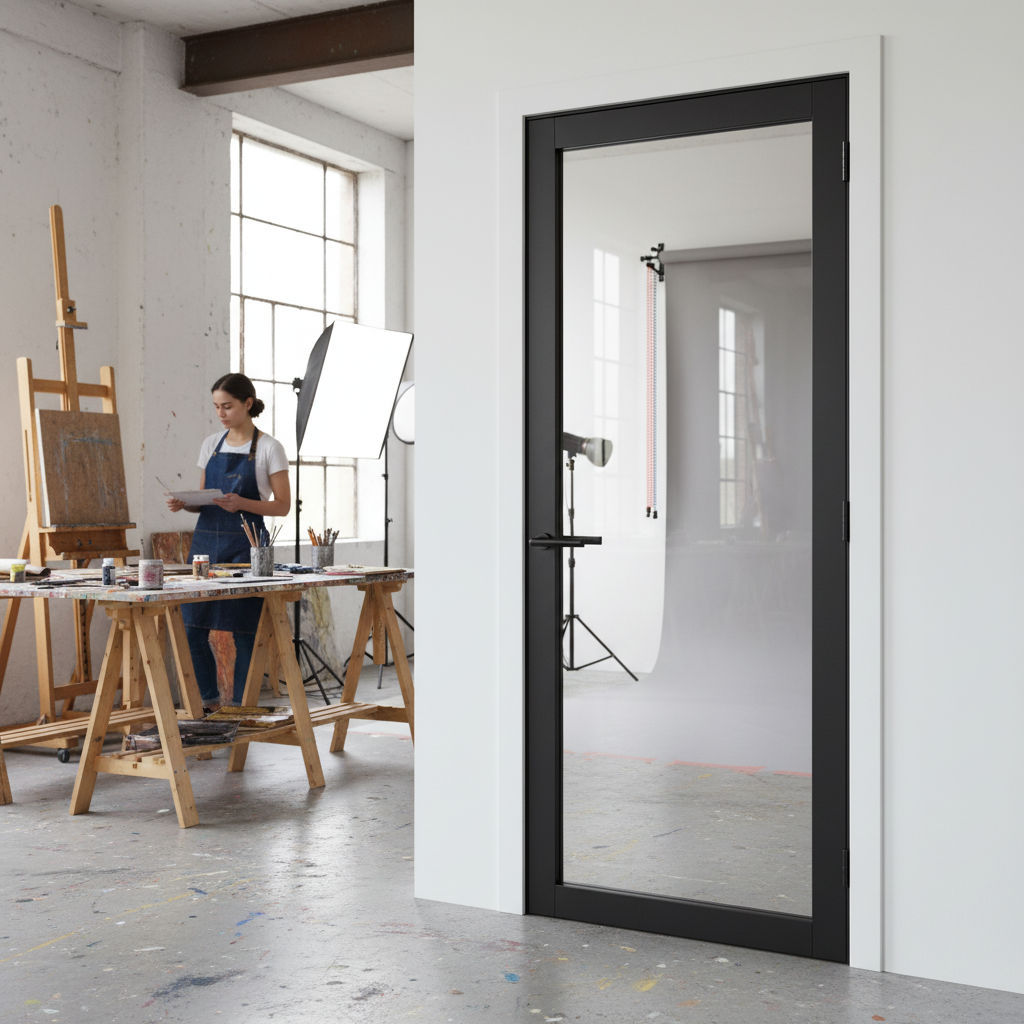 Premium Internal Fully Finished Industrial Studio Door with Clear Glass Pane for Contemporary Interiors