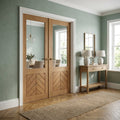 Internal Oak Double Door Fully Finished with Clear Glass Chevron Design