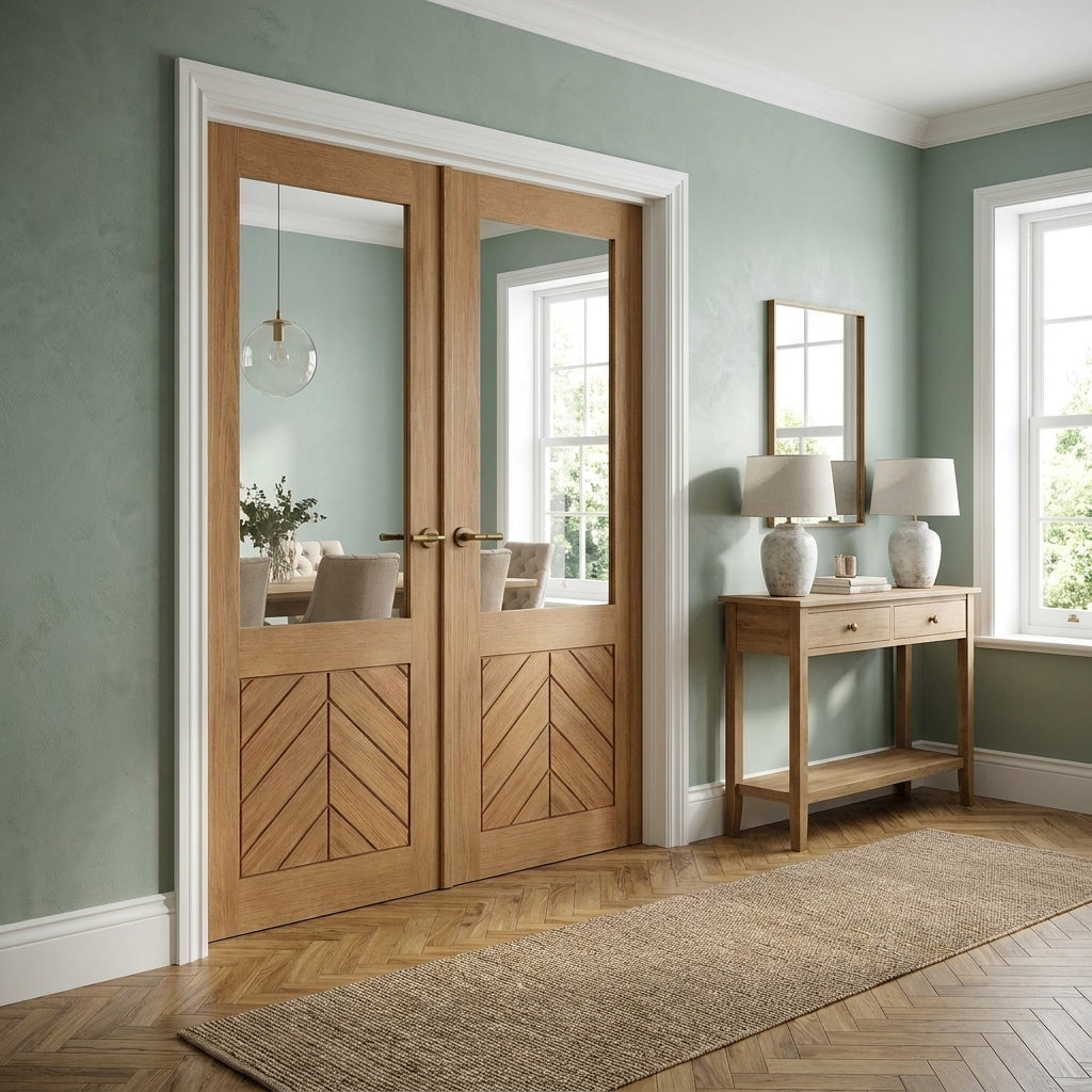 Internal Oak Double Door Fully Finished with Clear Glass Chevron Design