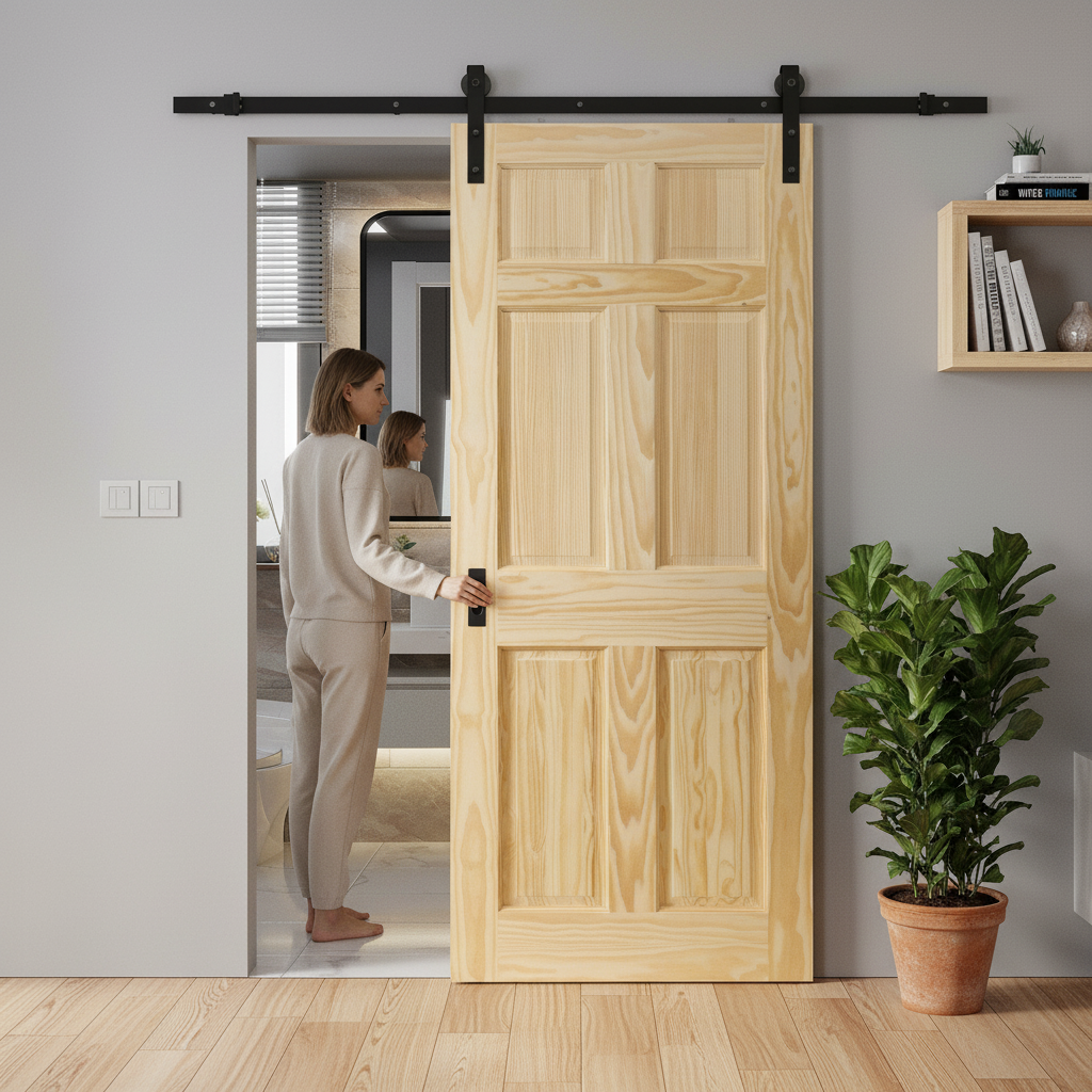 Premium Unfinished Clear Pine 6-Panel Sliding Door Set with Space-Efficient Track System