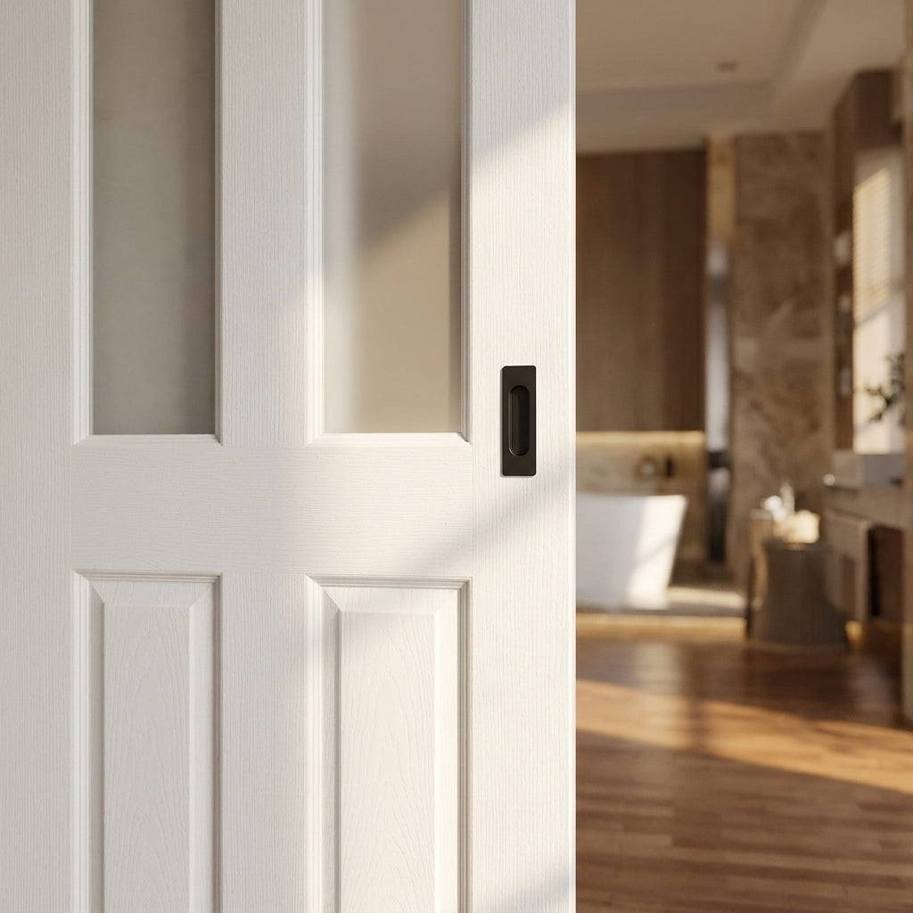 White Internal Sliding Door, Primed Finish, Victorian 2 Panel, 2 Light Obscure Glass - detail view