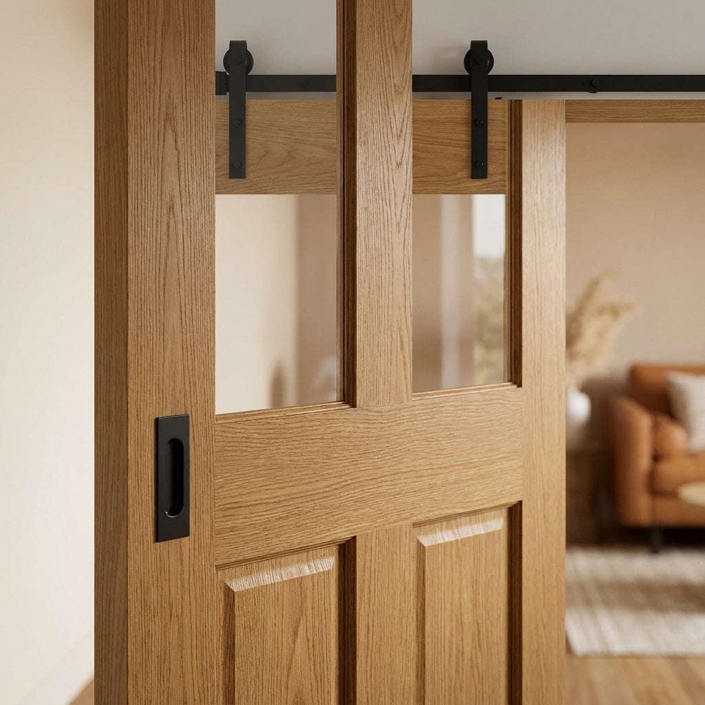 Oak Internal Unfinished Sliding Victorian Shaker 2 Panel 2 Light Clear Glass Door - detail view