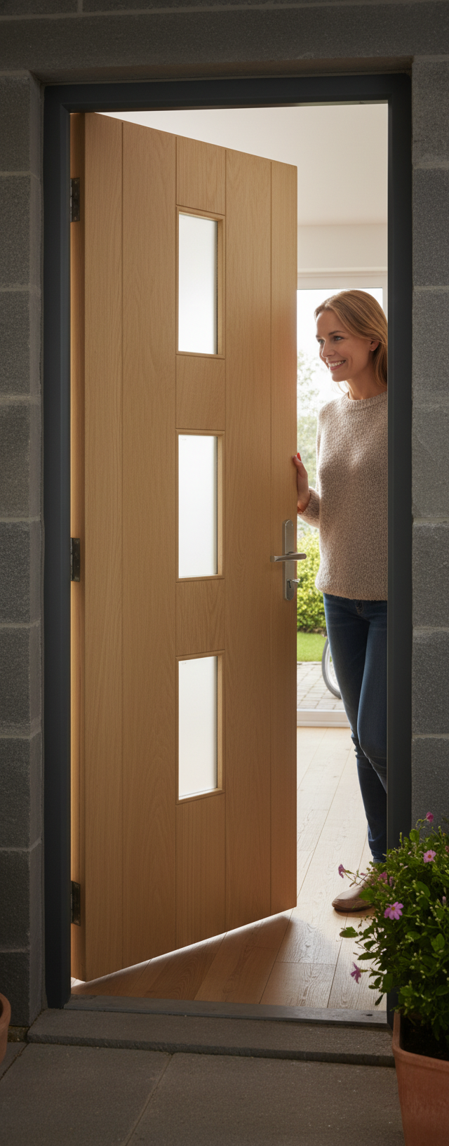 Premium External Door with Frosted Double Glazed Panels and A-Grade Oak Veneer Construction, Available in Multiple Sizes