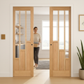 Premium Oak Glazed Double Pocket Door Set with Galvanised Steel Frame and Adjustable Jambs for Seamless Installation