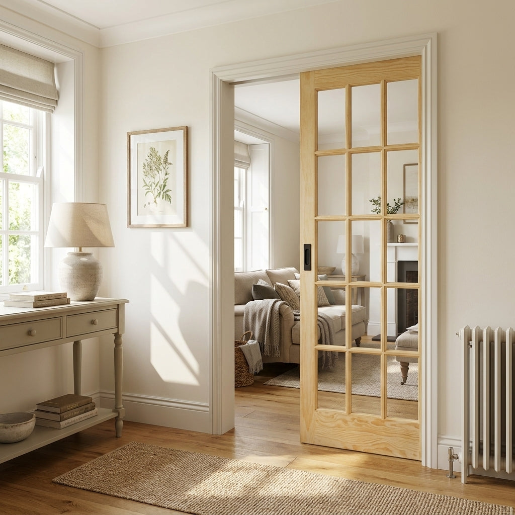 Internal Pocket Door Set 100mm Unfinished Clear Pine with Clear Glass Glazing