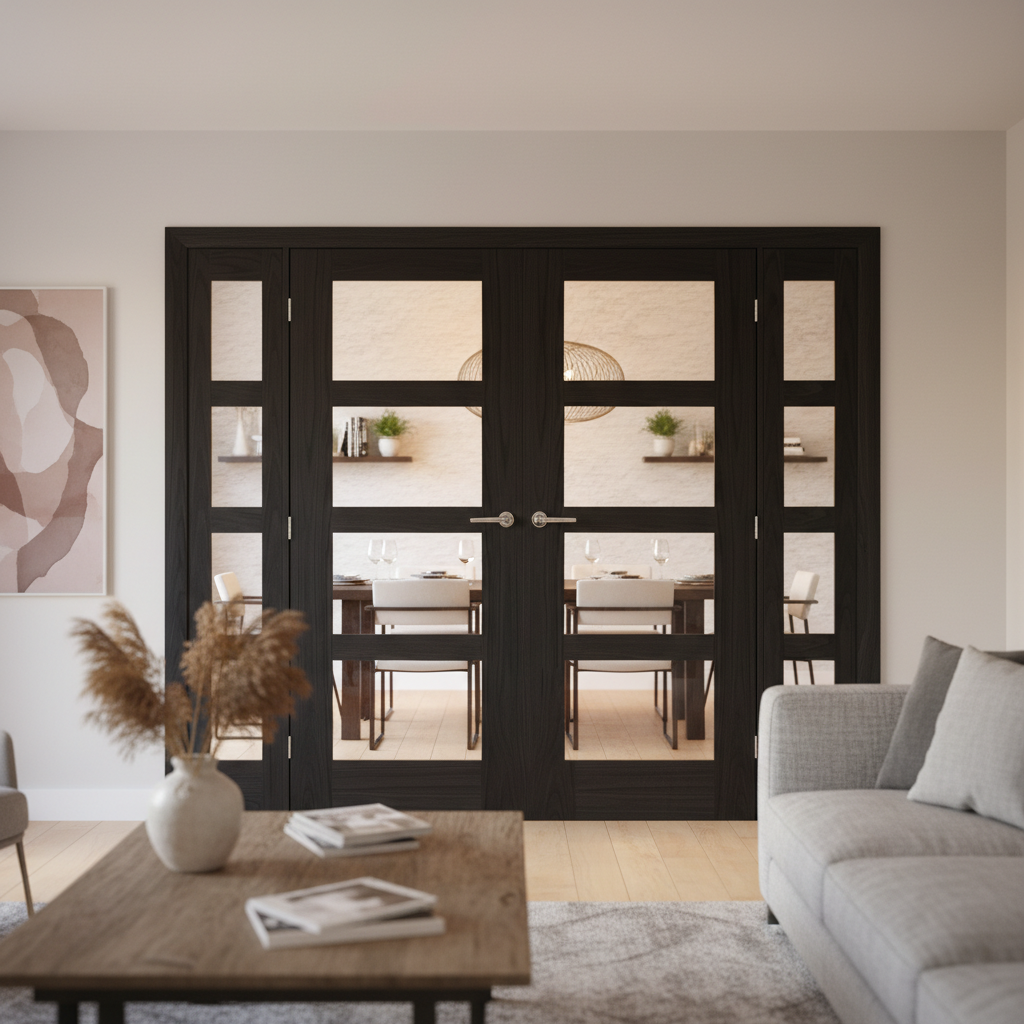 Premium Clear Glazed Brushed Black Oak French Doors with Demi Panels for Elegant Room Dividers