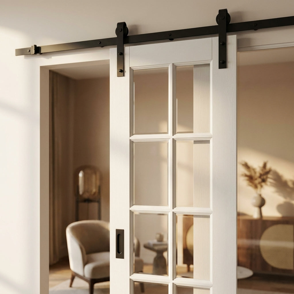 Internal White Sliding Door with Clear Glass, Primed Finish, 15L Solid Core - detail view