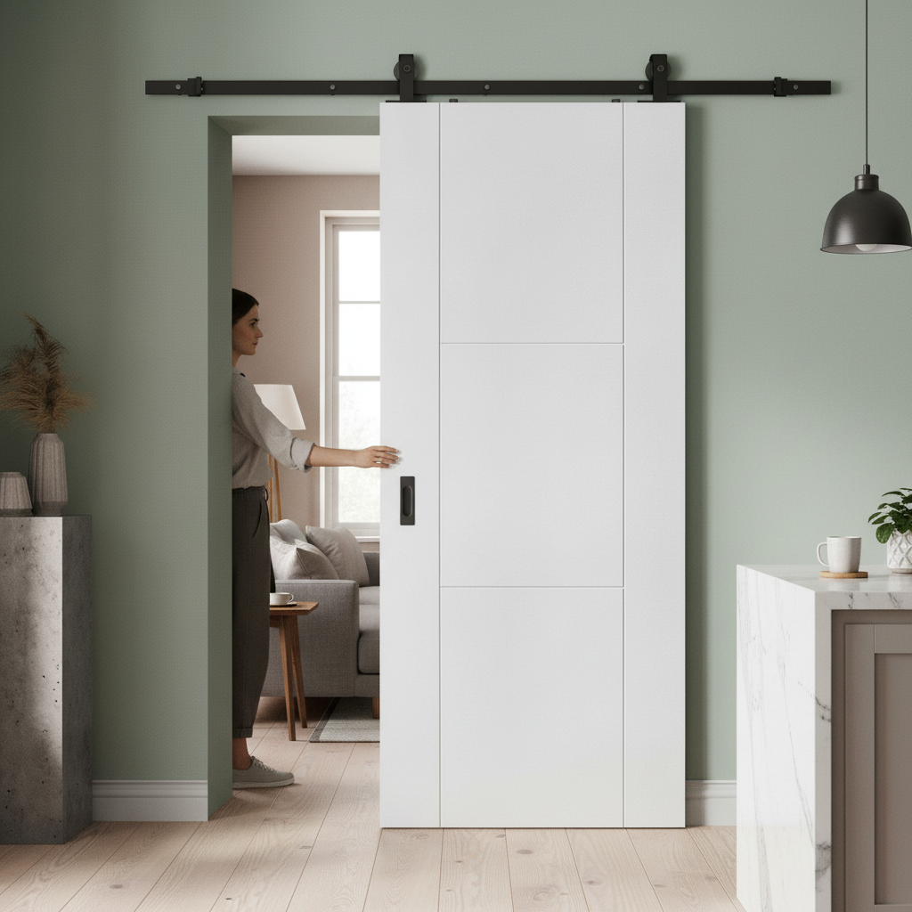Premium White Internal Primed 3 Panel Sliding Door with Black Top Mounted System for Modern Home Aesthetics - Image 2