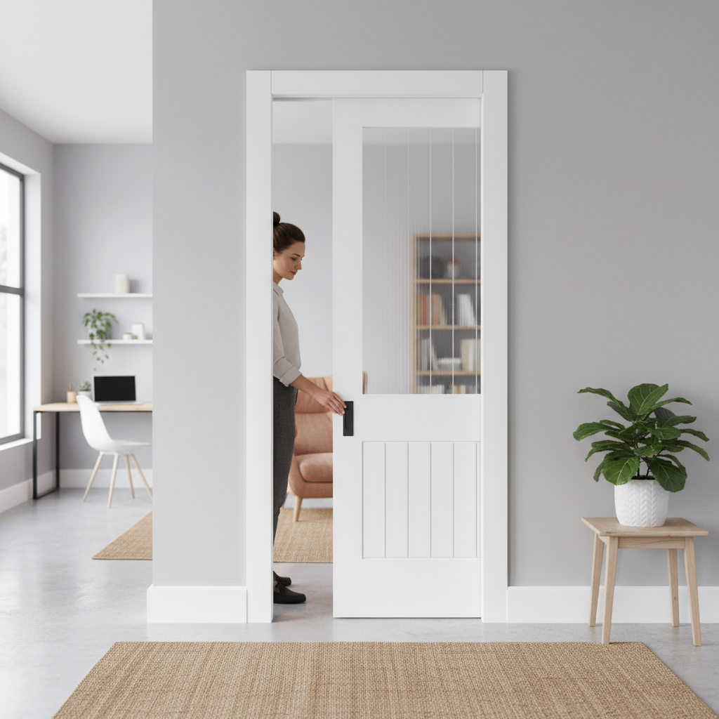 Premium White Primed Internal Pocket Door Set with Etched Lined Clear Glass Panel for Space-Saving Elegance