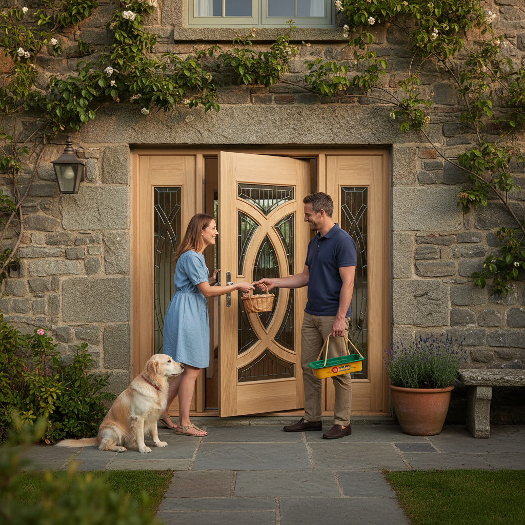 Premium Oak Grand Entrance Doors with Double Glazing and Leaded Lights - Kit with Sidelights and Frame