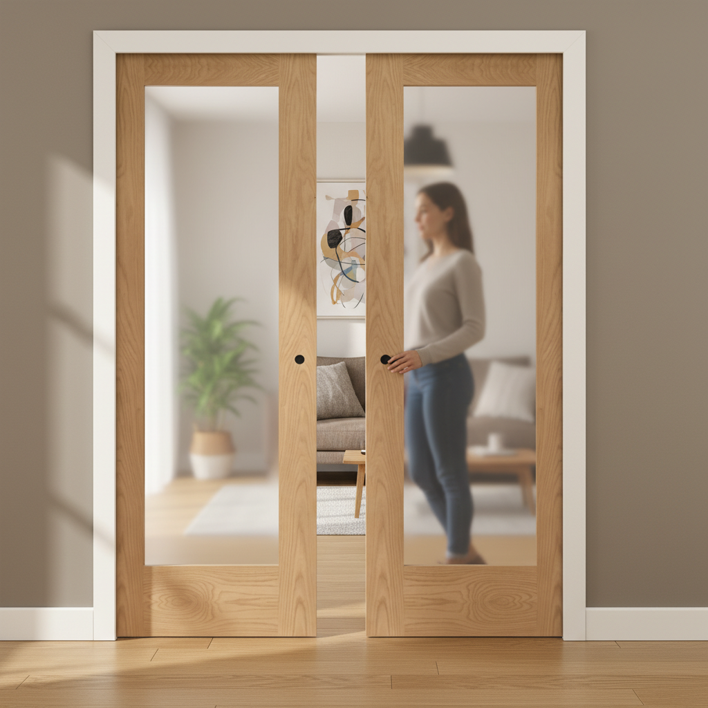 Premium Obscure Glazed Double Pocket Door Set with Oak Finish and Galvanised Steel Frame for Maximum Durability