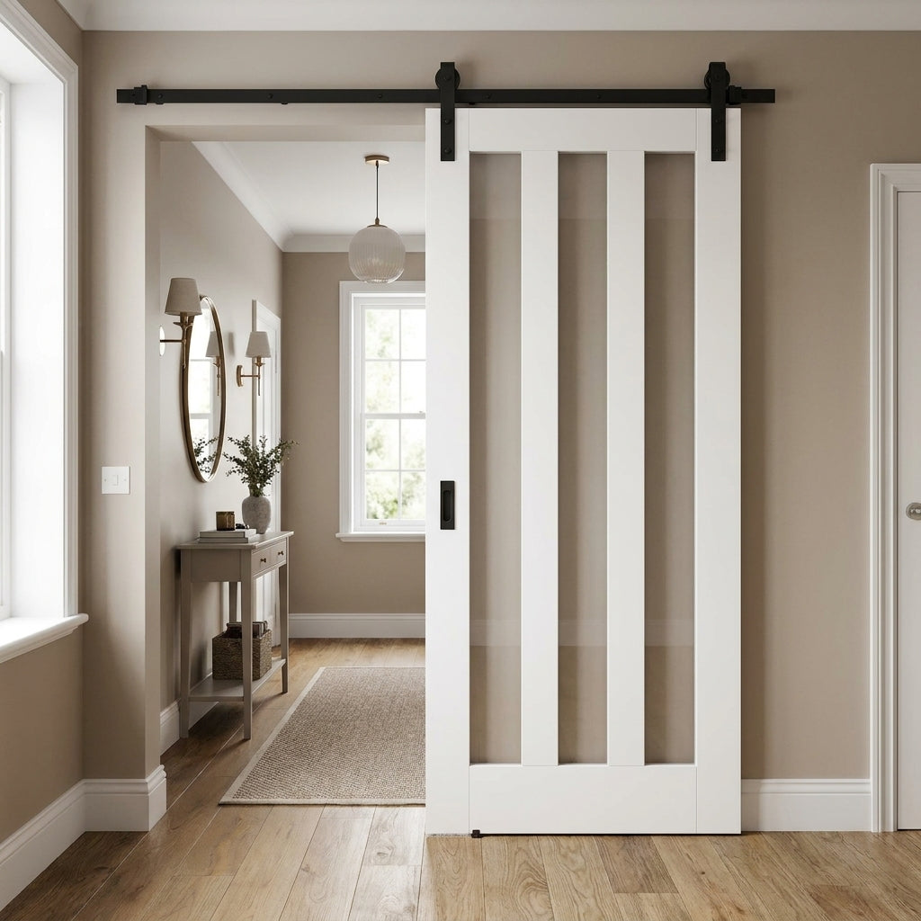 White Primed Internal Sliding Door with 3 Light Clear Glass Glazing