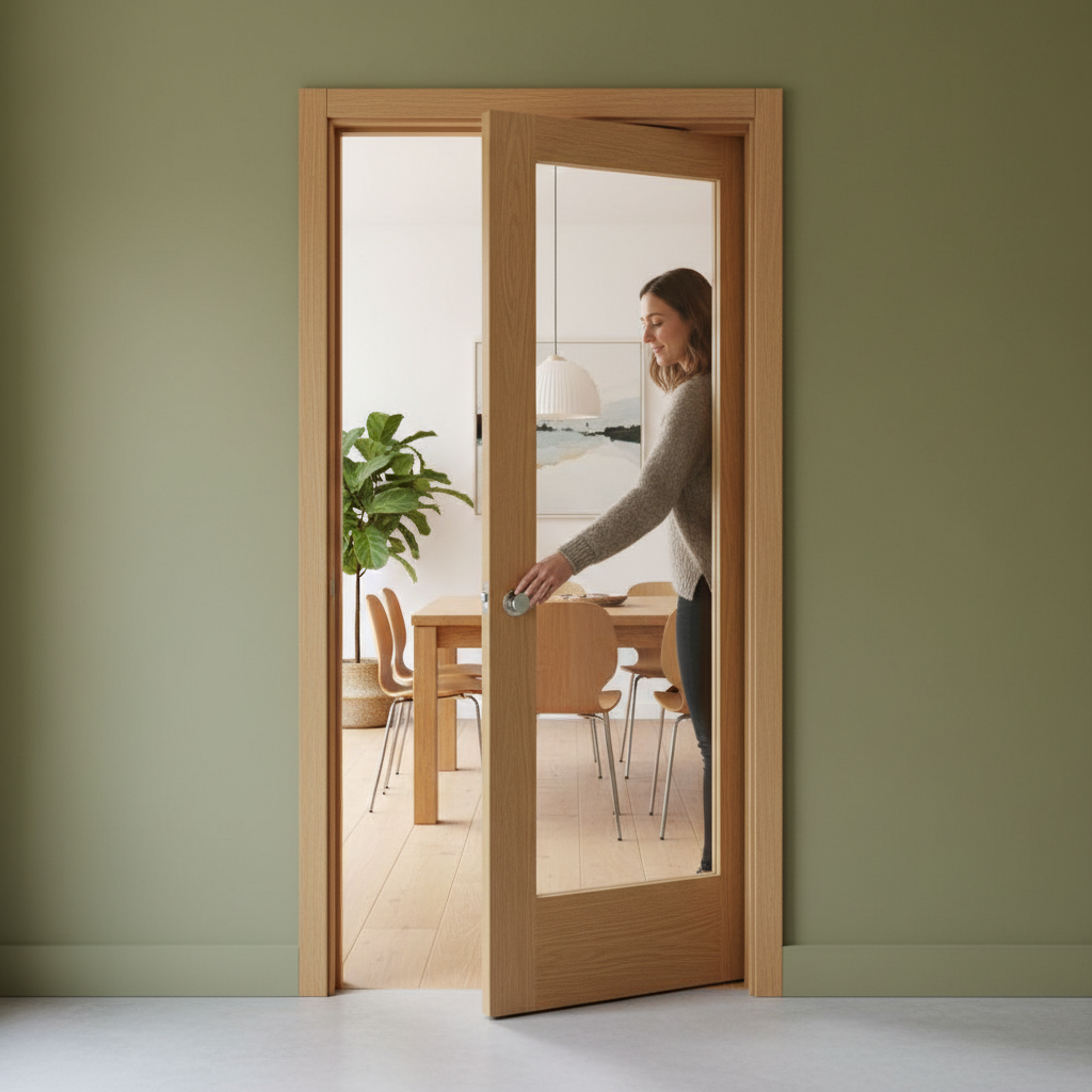 Premium Oak Clear Glazed Pocket Door System - Shaker Style with Adjustable Frame and 15-Year Guarantee