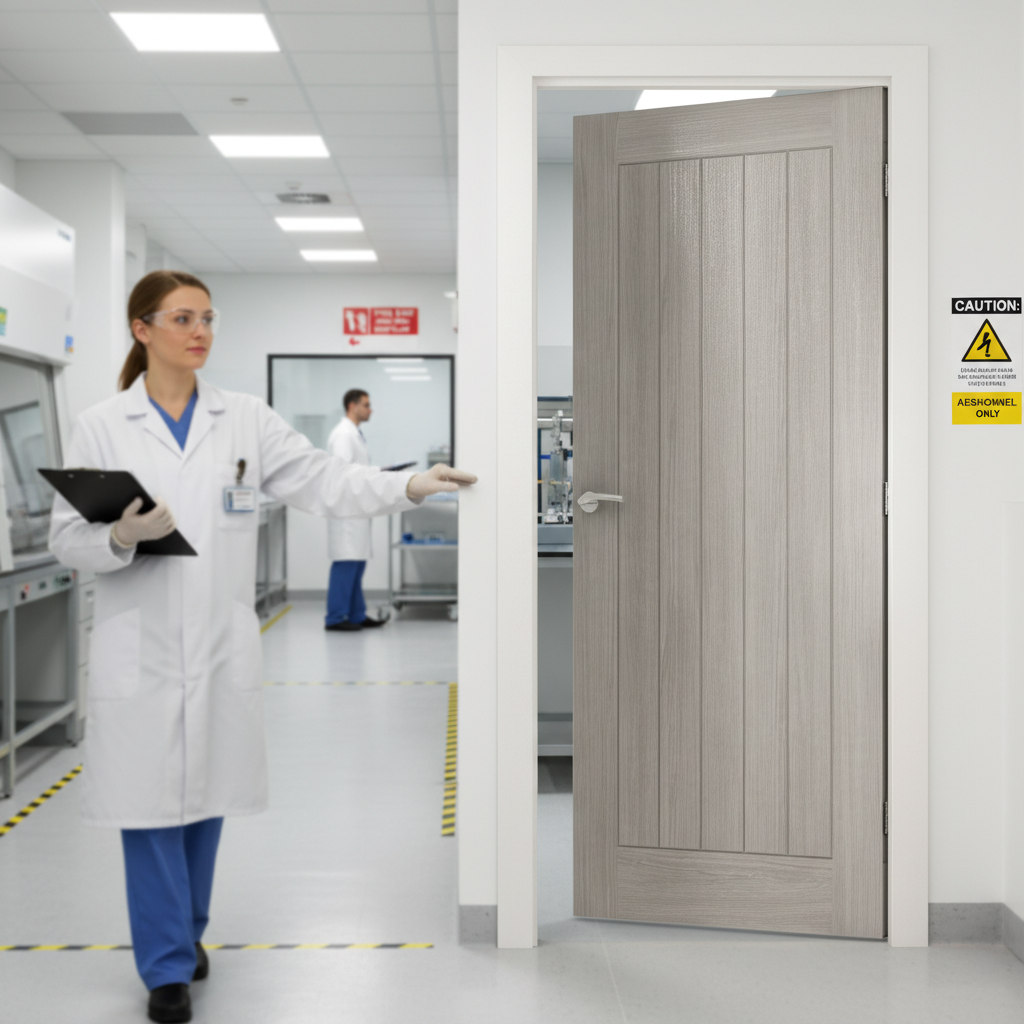 Premium Grey Laminate Fire Door with Clear Glass Panel and Semi-Solid Core Construction for Enhanced Durability and Elegance