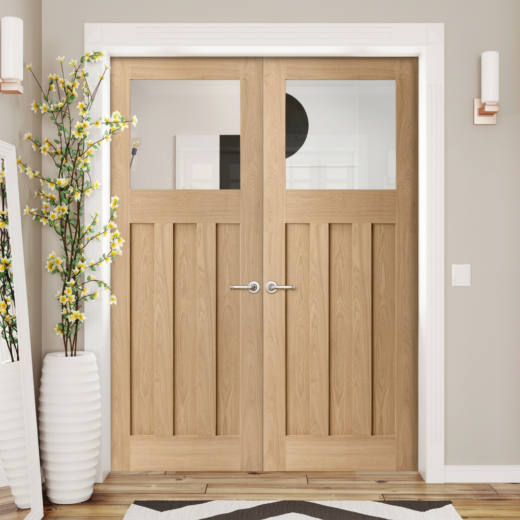 Premium Internal Oak Unfinished 1930's DX 3 Panel 1 Light Glazed Pair Door Set for Custom Interior Design