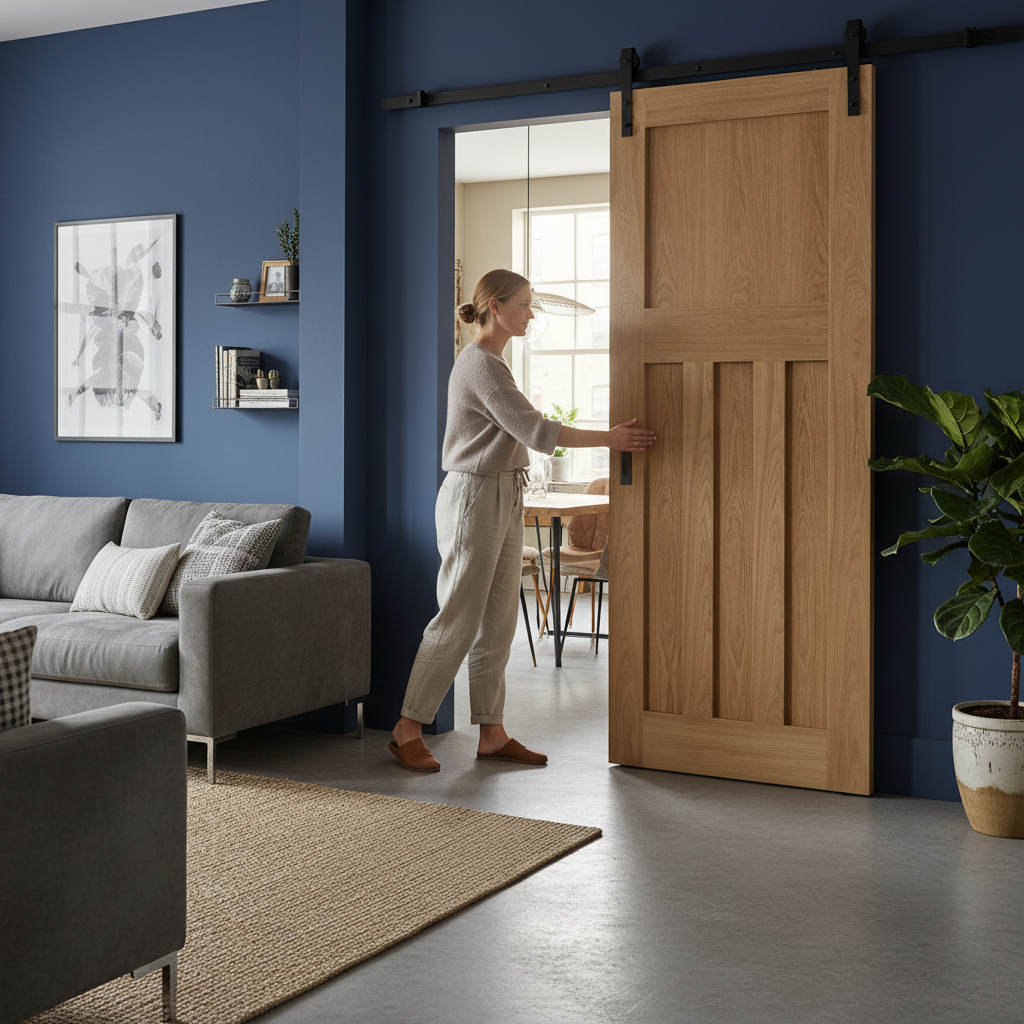 Unfinished Oak 1930's DX 4 Panel Sliding Door with Top Mounted System - High-Quality Professional Grade for Industrial...