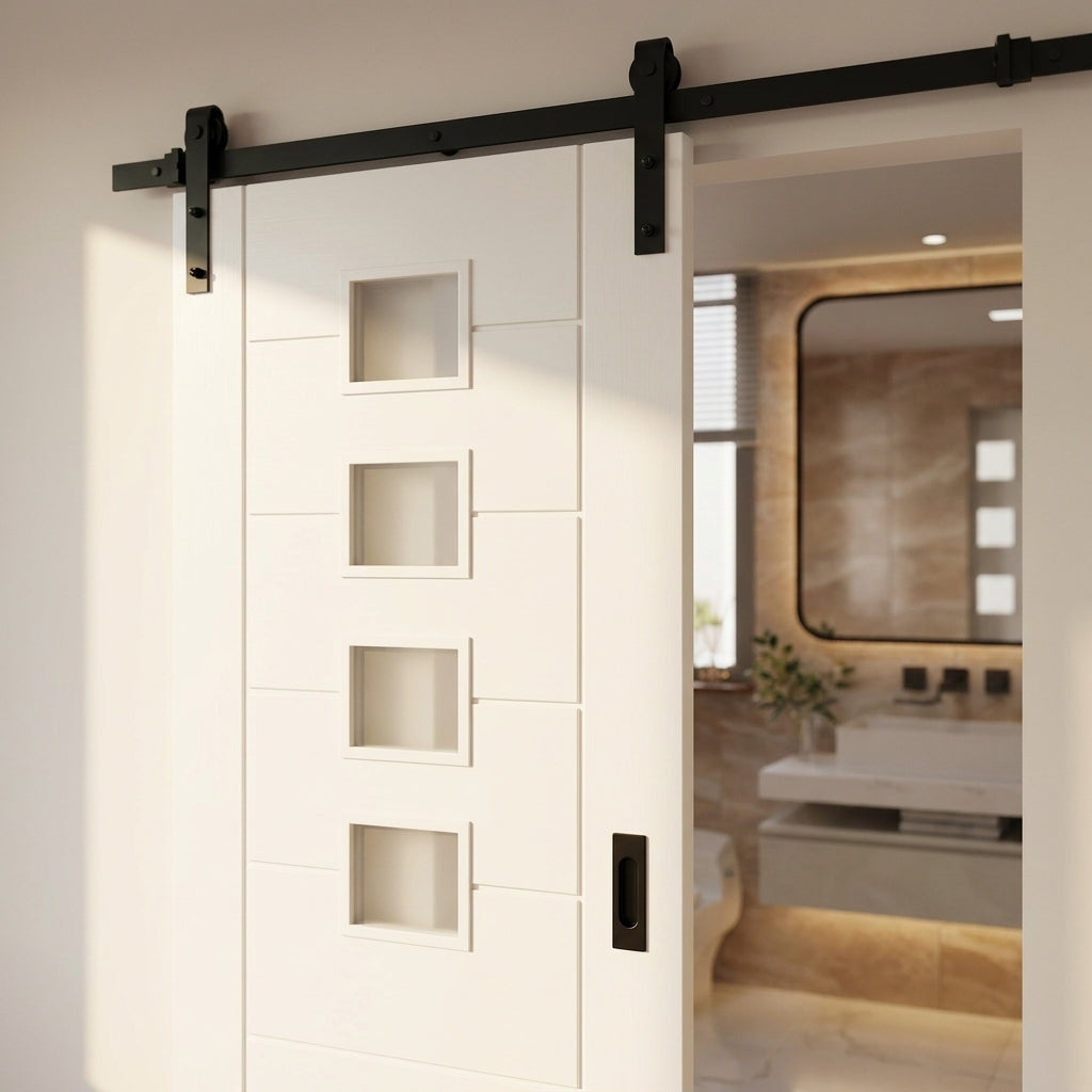 Internal White Primed Sliding Door with 4 Light Obscure Glass, Pedrena Design - detail view