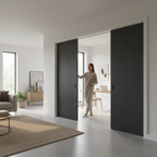 Premium Laminate Double Pocket Door Set with Galvanised Steel Frame and Vertical V Cut Grooves