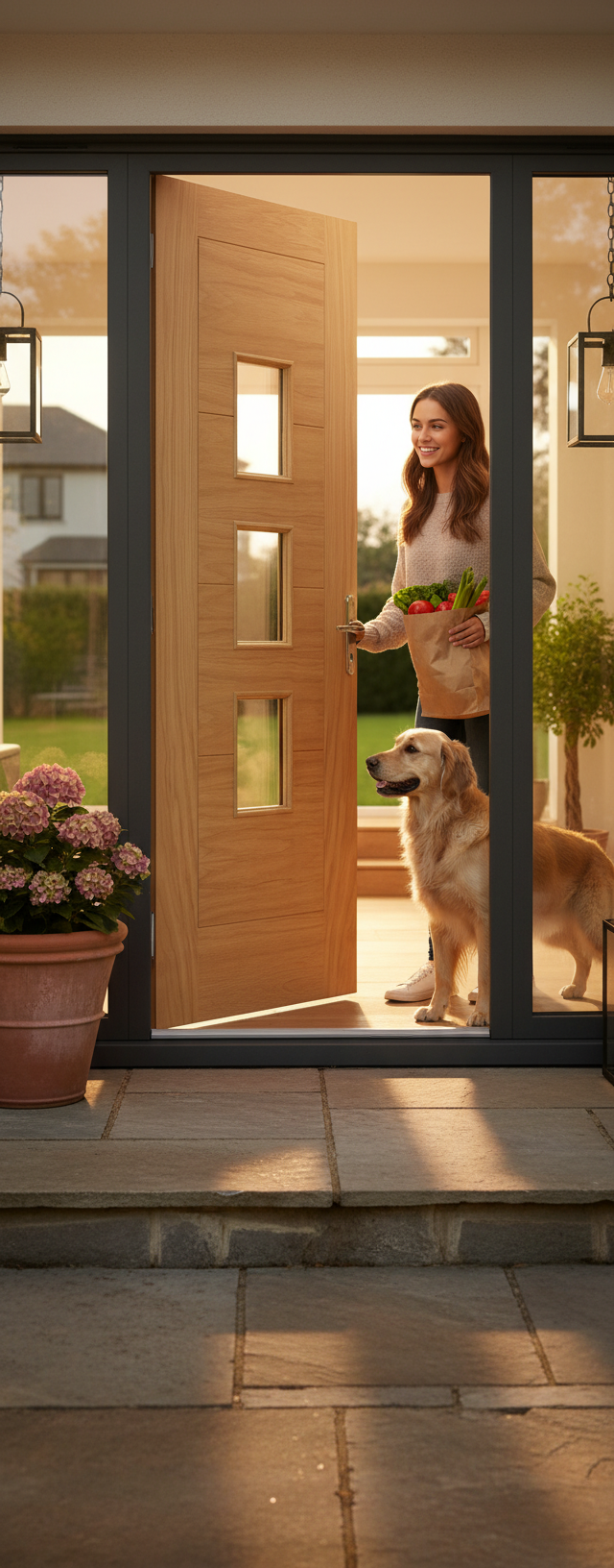 Premium External Door with Frosted Double-Glazed Panels, Solid Oak Construction, and Engineered Frame for Stability and Elegance