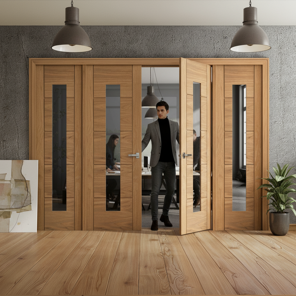 Premium Oak Unfinished Internal Room Divider Set with Clear Glass Panels for Customizable Space Design