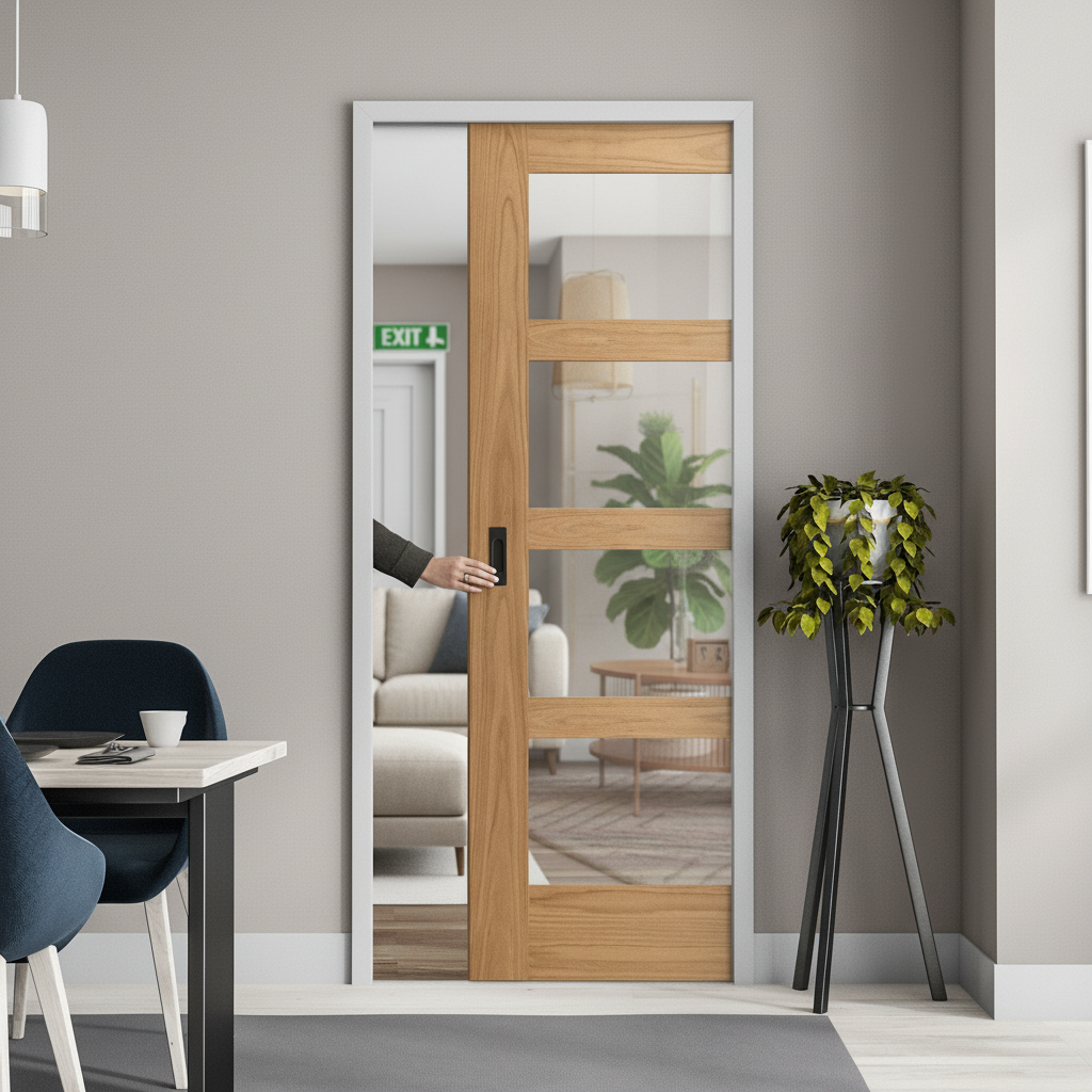 Premium Unfinished Oak Shaker 4 Light Clear Glass Pocket Door Set for Timeless Elegance
