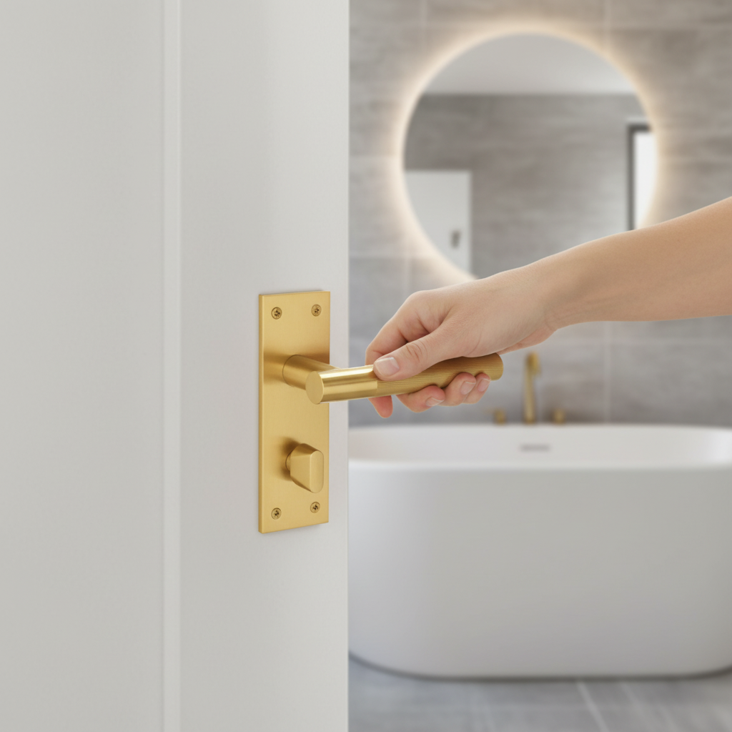 Premium Linear Lever on Backplate Bathroom Handle Set - Elegant Satin Brass Finish for Modern Interiors - Image 2