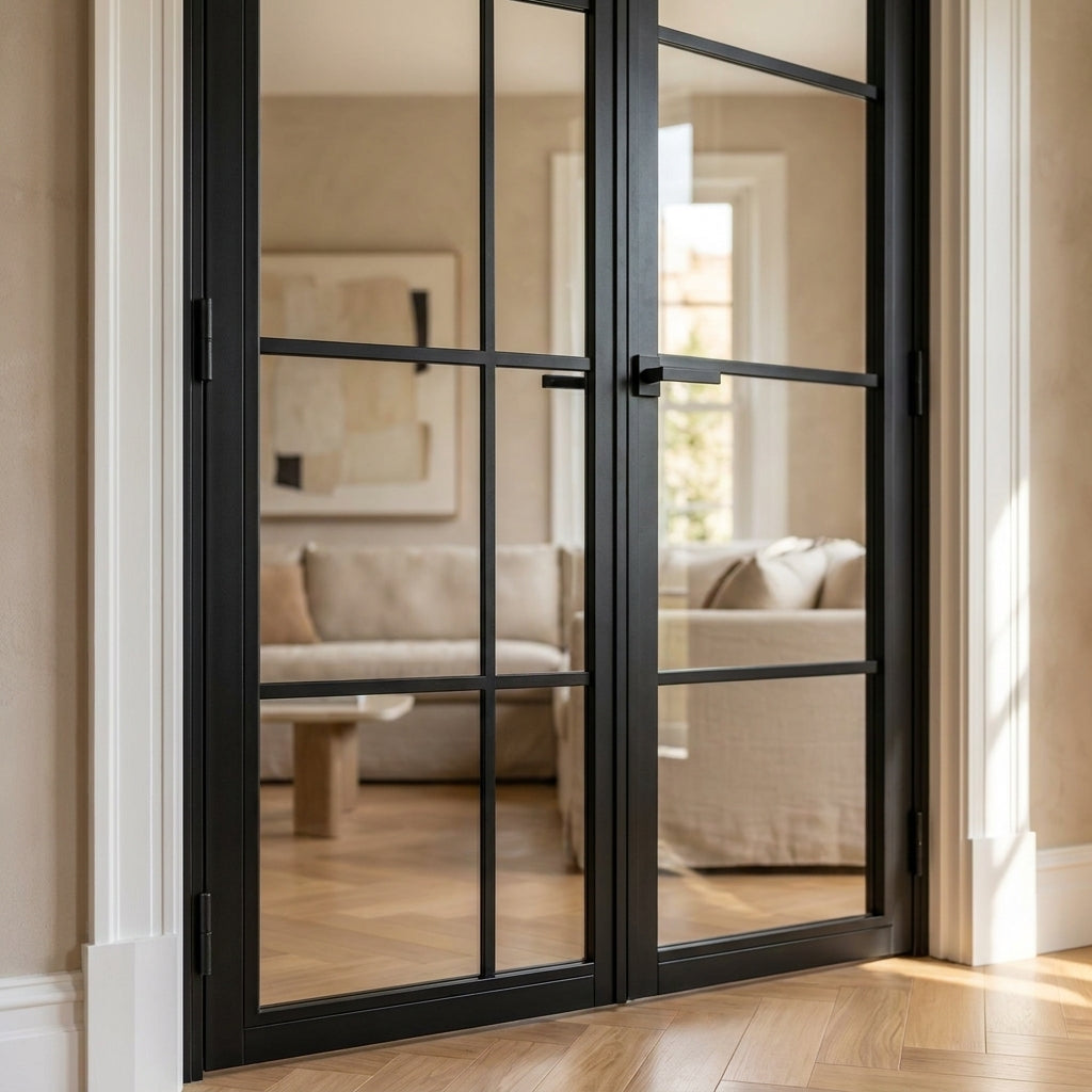 Internal French Door with 4 Clear Glass Lights, Primed Finish - detail view