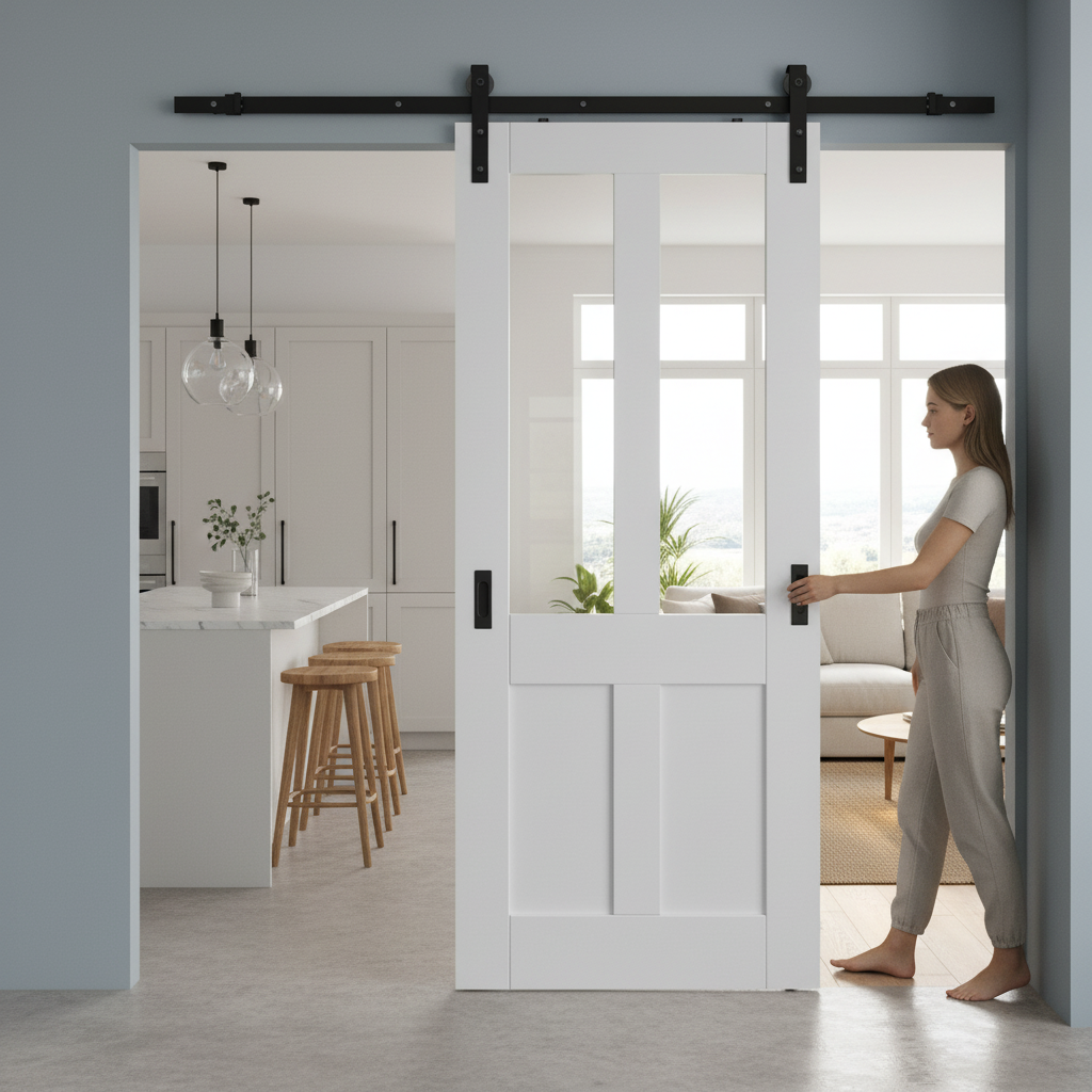 Premium Internal White Primed Victorian 2 Panel Sliding Door Set with Clear Glass and Modern Black Steel Track System