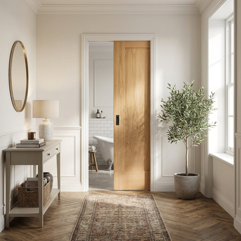 Oak Unfinished 100mm Pocket Door Set - Internal Pattern 10 1 Panel Framed