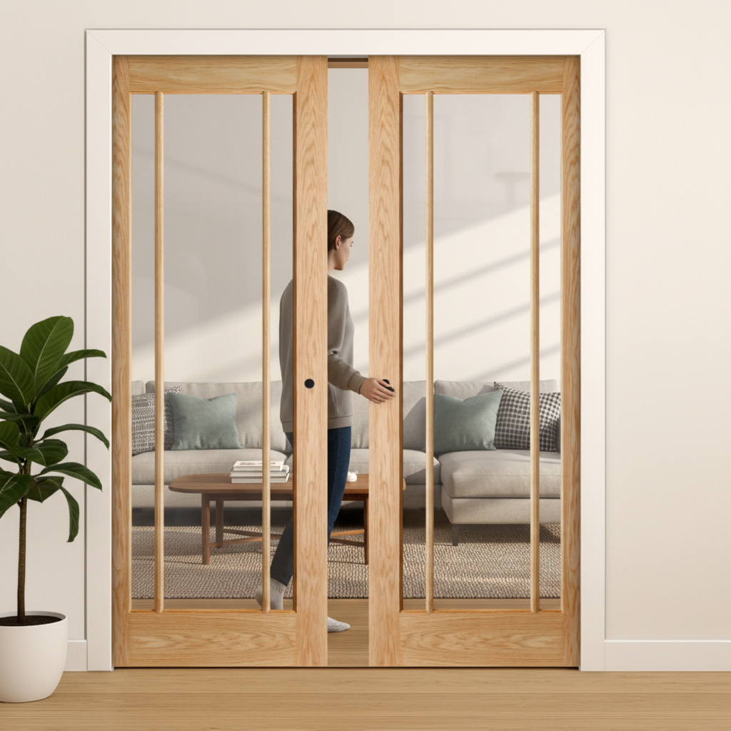 Premium Clear Glazed Double Pocket Door Set with Decorative Beading and Galvanised Steel Frame for Seamless Interior Design