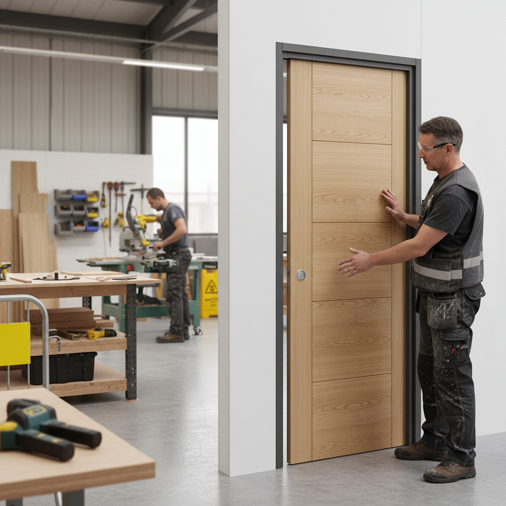 Premium Fire Rated Pocket Door System with Oak Finish, 30-Minute Rating, Adjustable Features, and Galvanized Steel Frame