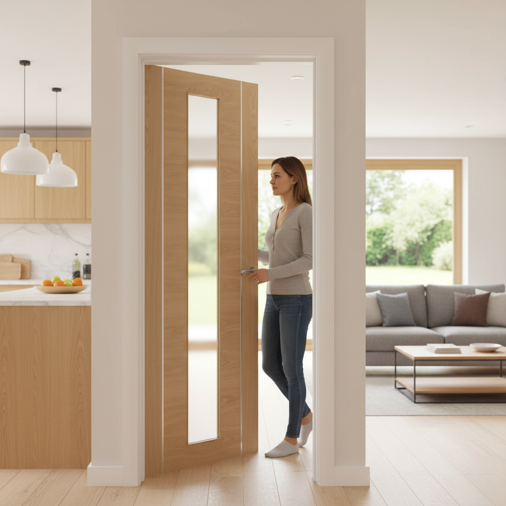 Premium Fully Finished Clear Glazed Oak Internal Door with Decorative Aluminium Inserts and Safety Glass Panel